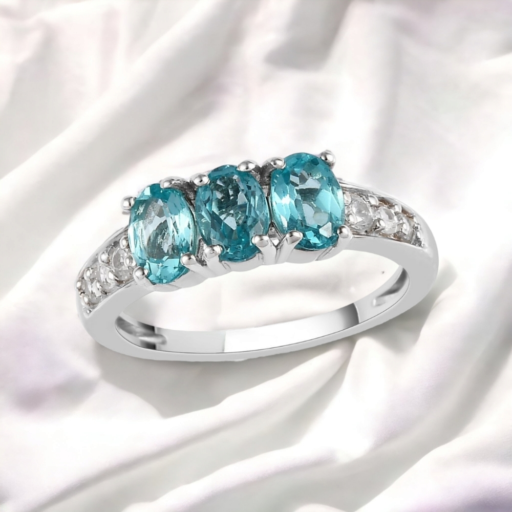 NWT MADAGASCAR PARAIBA APATITE & WHITE ZIRCON PLATINUM OVER STERLING RING SZ 8.0